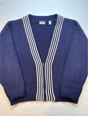 Vintage 80’s Esprit Sport %100 Cotton Navy Striped Zip Cardigan Sweater